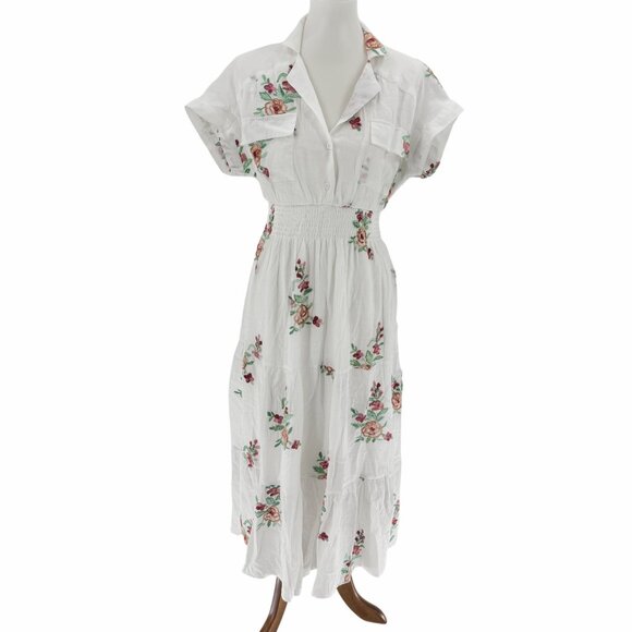 J. Gee Dresses & Skirts - Floral Embroidered White Button-Front Midi Dress With Elastic Waist By J. Gee Si